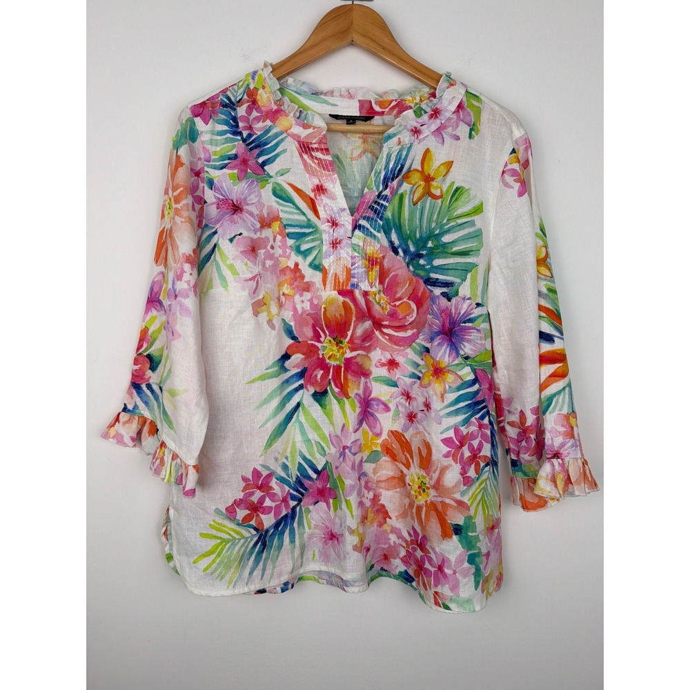 John Mark 100% Linen Top S Floral Tropical Ruffle Sleeve Boho Resort Cruise